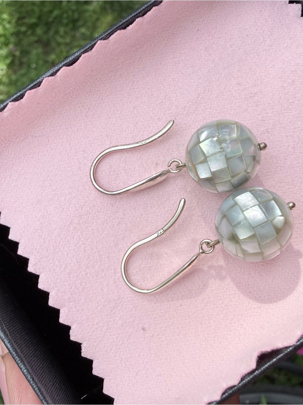 Sterling Silver Mother of Pearl Mosaic Drop Earrings - Picture 3 of 4